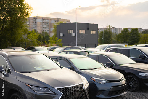 A row of parked cars, possibly for sale, in a parking lot on a sunny day, with a building and some greenery in the background.