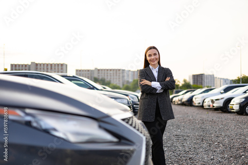 Wallpaper Mural A businesswoman stands confidently in front of a car dealership, symbolizing success and car ownership. Torontodigital.ca