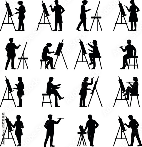 Diverse artists painting on easels in silhouette collection vector
