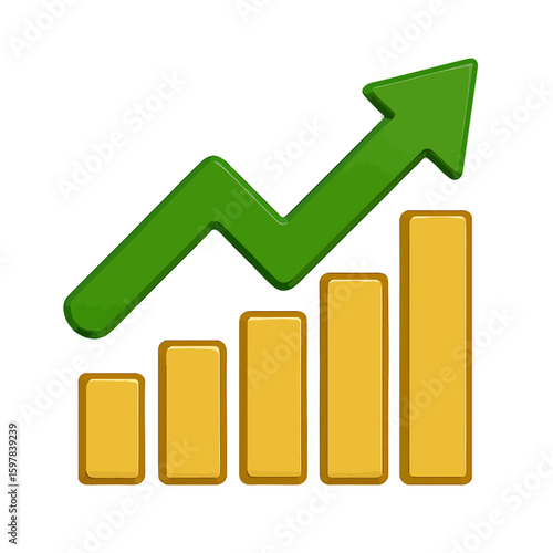 Rising green arrow above increasing golden bar graph represents growth and progress