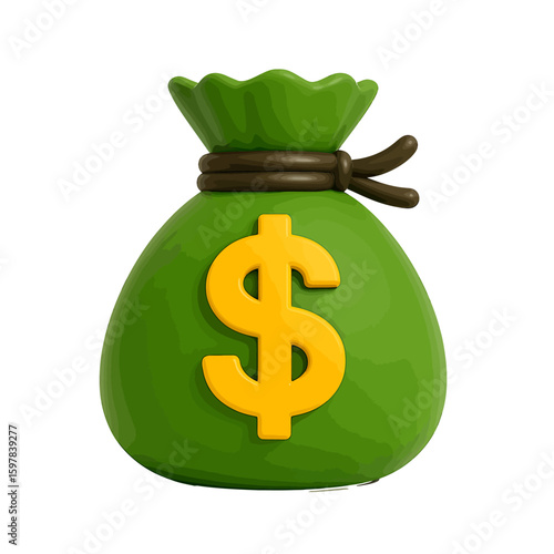 Green money bag with golden dollar sign isolated on white, financial success and wealth concept