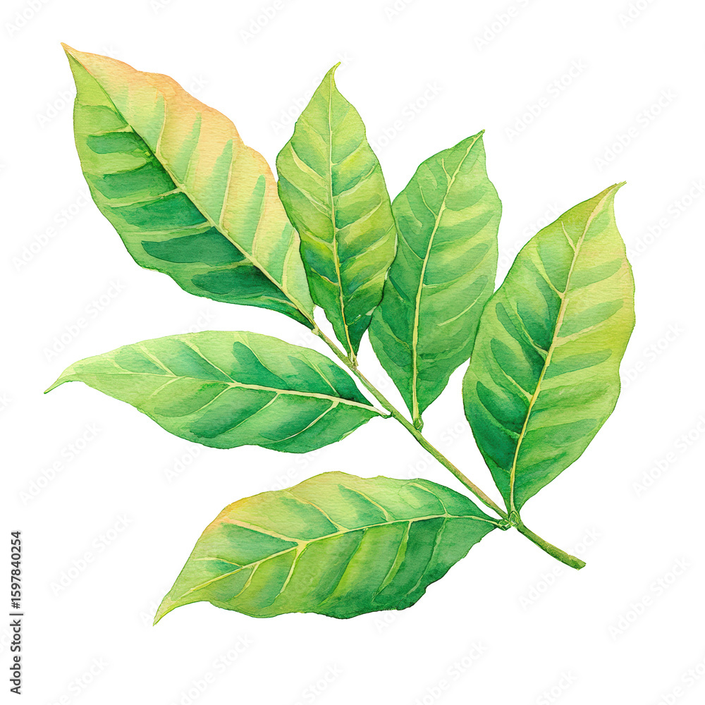 Fototapeta premium Coffee Leaf Detail – Hand-Painted Watercolor, PNG