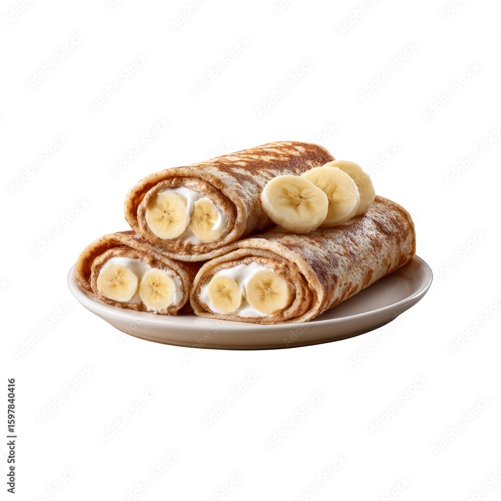 Delicious Banana and Cream Cheese Stuffed Crepes on a Plate Delicious Banana and Cream Cheese Stuffed Crepes on a Plate