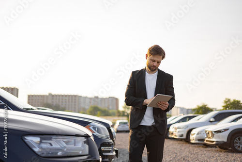 Wallpaper Mural A businessman in a suit reviews a tablet while standing near parked cars in a car dealership. Torontodigital.ca