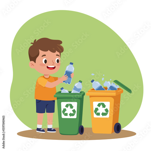 Happy boy diligently sorts plastic bottles into recycling bins, promoting environmental responsibility.