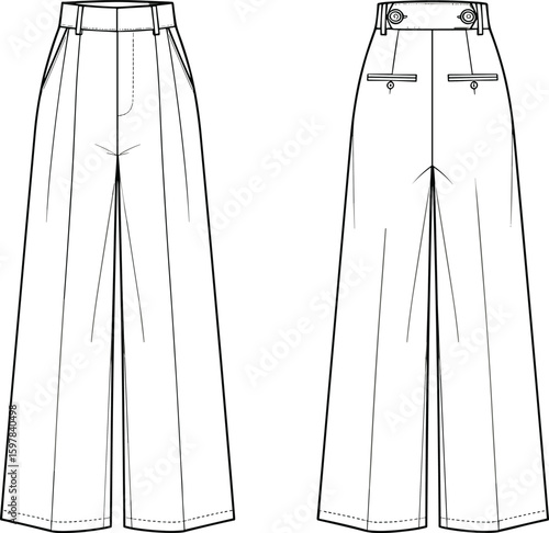 CAD drawing flat vector illustration of women’s wide leg high waist tailored pants with back button detail fashion sketch