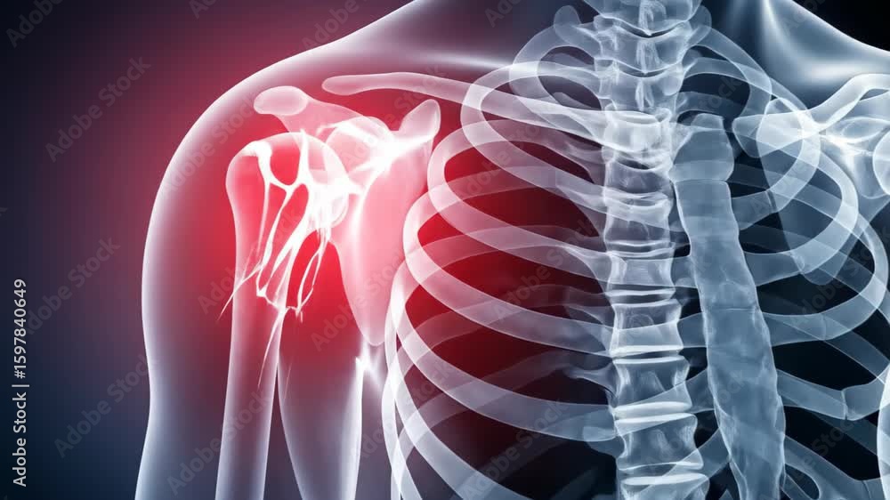 Detailed 3D X-ray visualization of a human skeletal system highlighting intense pain in the shoulder and upper arm with a red glow