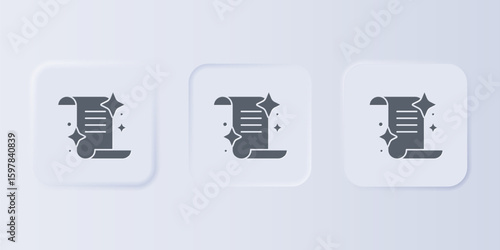 Grey Ancient magic book with alchemy recipes and mystic spells and enchantments icon isolated on grey background. Set icons in square buttons. Vector