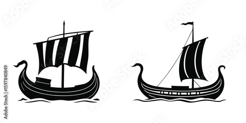Two Viking longships sailing on waves depicted in silhouette vector illustration