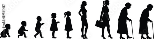 Silhouette of female life stages from baby to elderly woman, aging process, growth, development, timeline evolution concept illustration