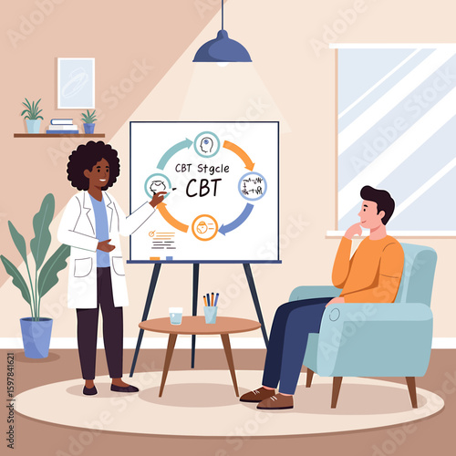 A therapist explains the CBT cycle to a patient during a therapy session in a cozy, illustrated office setting.