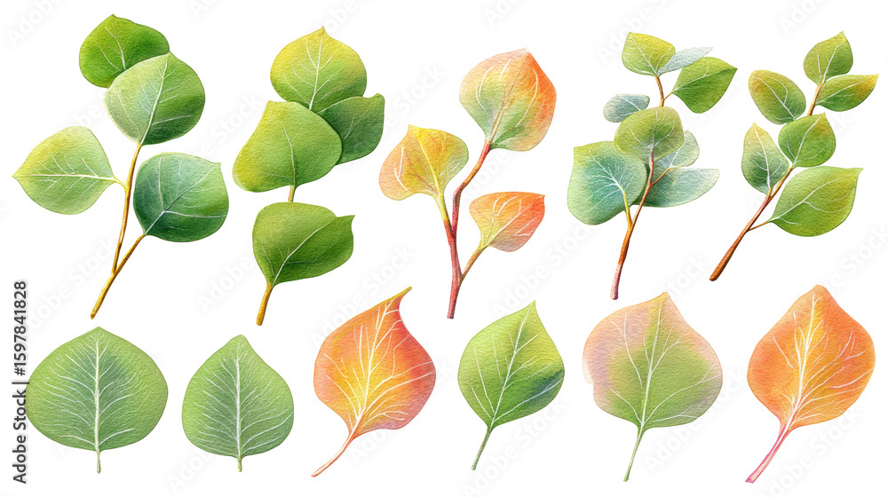 Obraz premium Eucalyptus leaf watercolor flat-lay with mixed orientations, isolated on transparent background