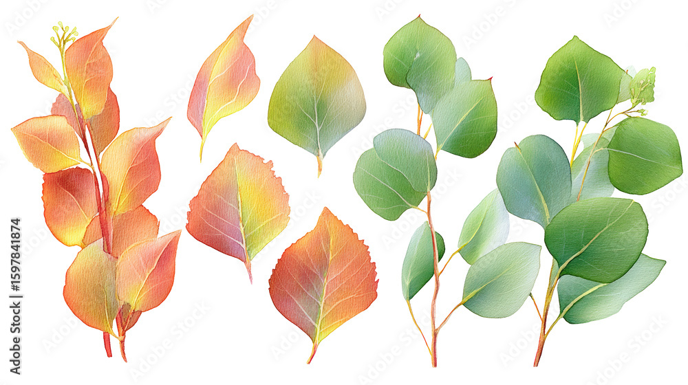 Obraz premium Botanical watercolor flat-lay displaying eucalyptus foliage, isolated on transparent background