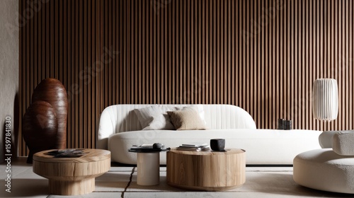 Modern, minimalist living room with warm wood accents