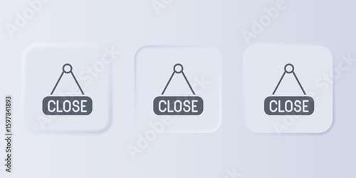 Grey Hanging sign with text Closed icon isolated on grey background. Business theme for cafe or restaurant. Set icons in square buttons. Vector