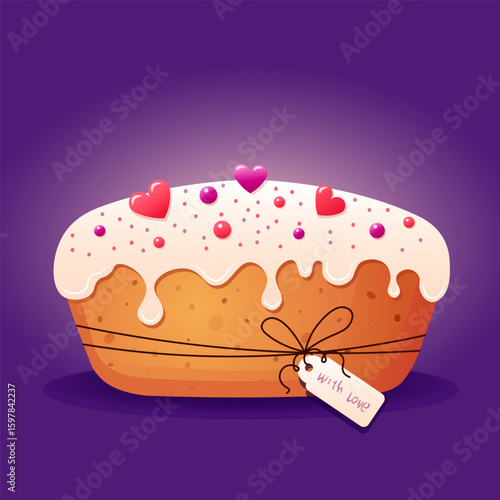 vector illustration of cake with love with icing and decorative hearts on top for Valentine`s Day
