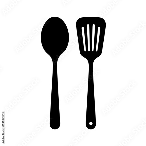 Minimalistic black silhouette of household kitchen tools, featuring spoon and spatula