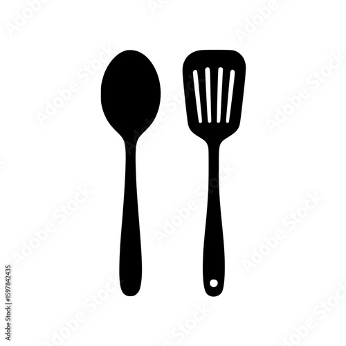 Minimalistic black silhouette of household kitchen tools, featuring spoon and spatula