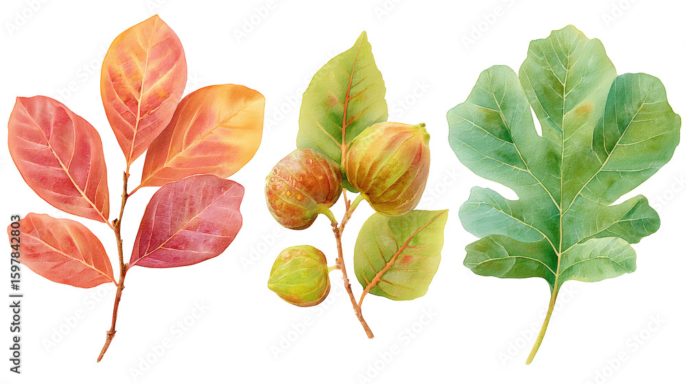 Obraz premium Watercolor flat-lay of fig, olive and mulberry leaves collection, isolated on transparent background
