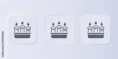 Grey Burning candle in candlestick icon isolated on grey background. Cylindrical candle stick with burning flame. Set icons in square buttons. Vector