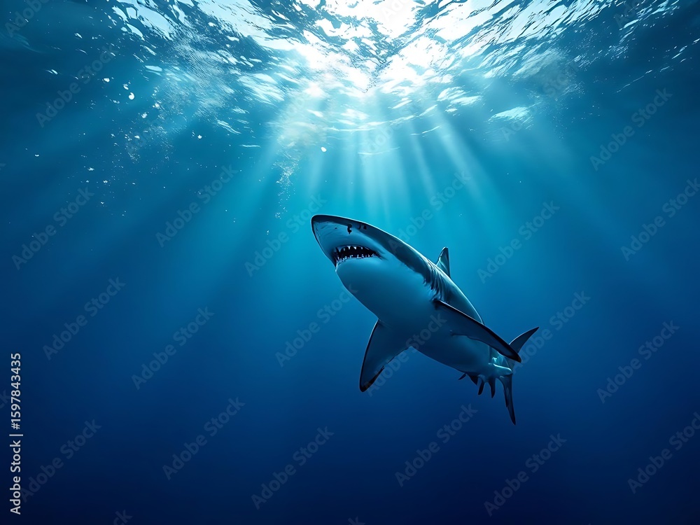 Fototapeta premium Great white shark swimming in clear blue ocean water. Ideal for marine wildlife articles, environmental awareness, and ocean conservation campaigns