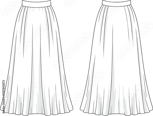 CAD drawing flat vector illustration of elegant long skirts, white pleated design, fashion apparel, garment sketch, textile art, sewing template