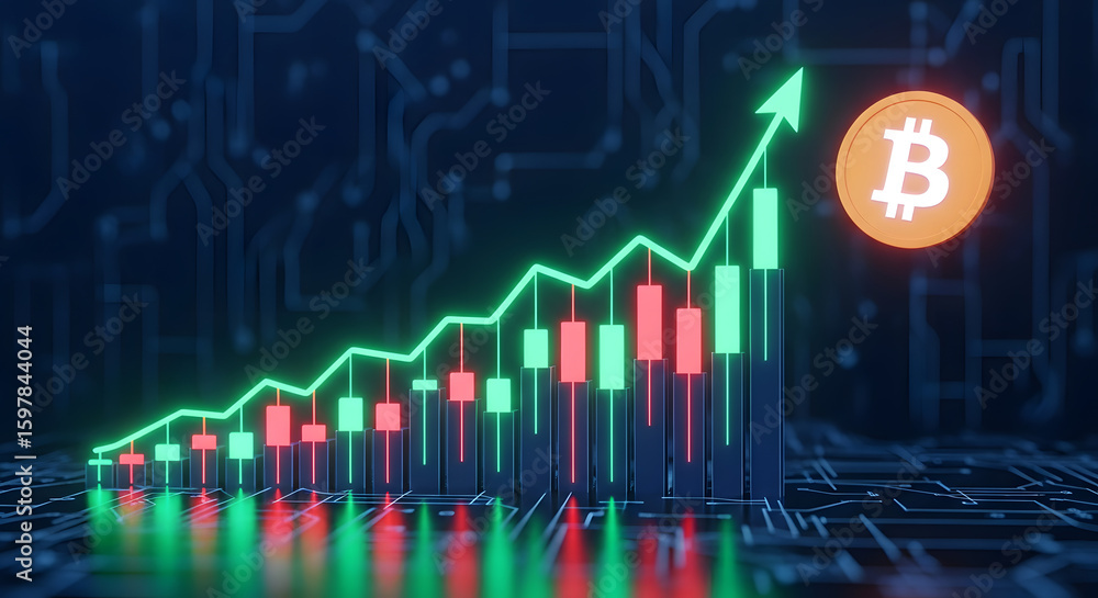Naklejka premium Bitcoin cryptocurrency price growth shown on a glowing candlestick chart with an upward arrow on a circuit board background