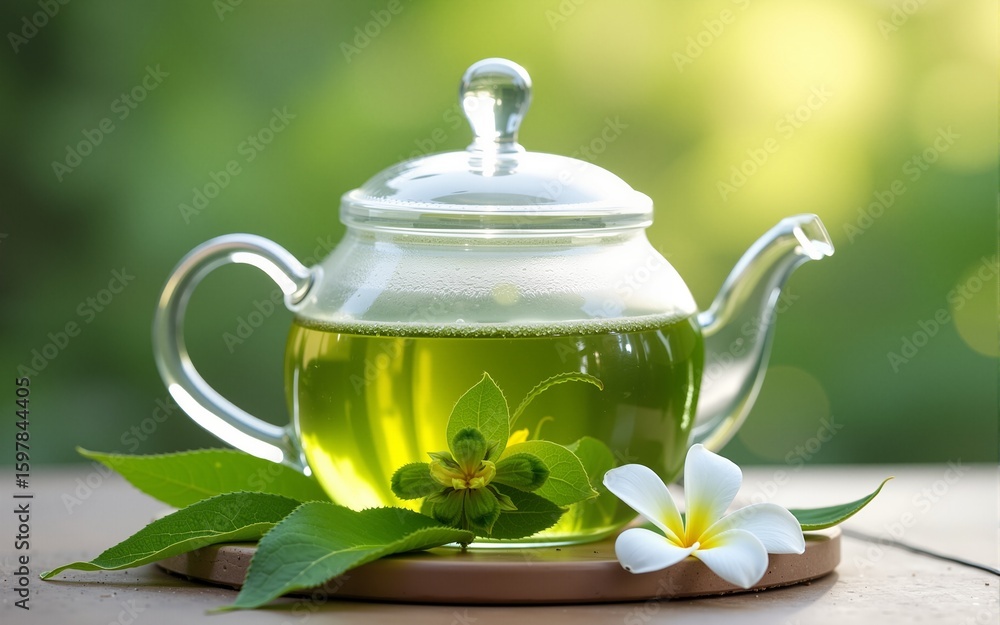 exotic green tea with flowers in glass teapot and cup isolated. High quality exotic green tea with flowers in glass teapot and cup isolated. High quality