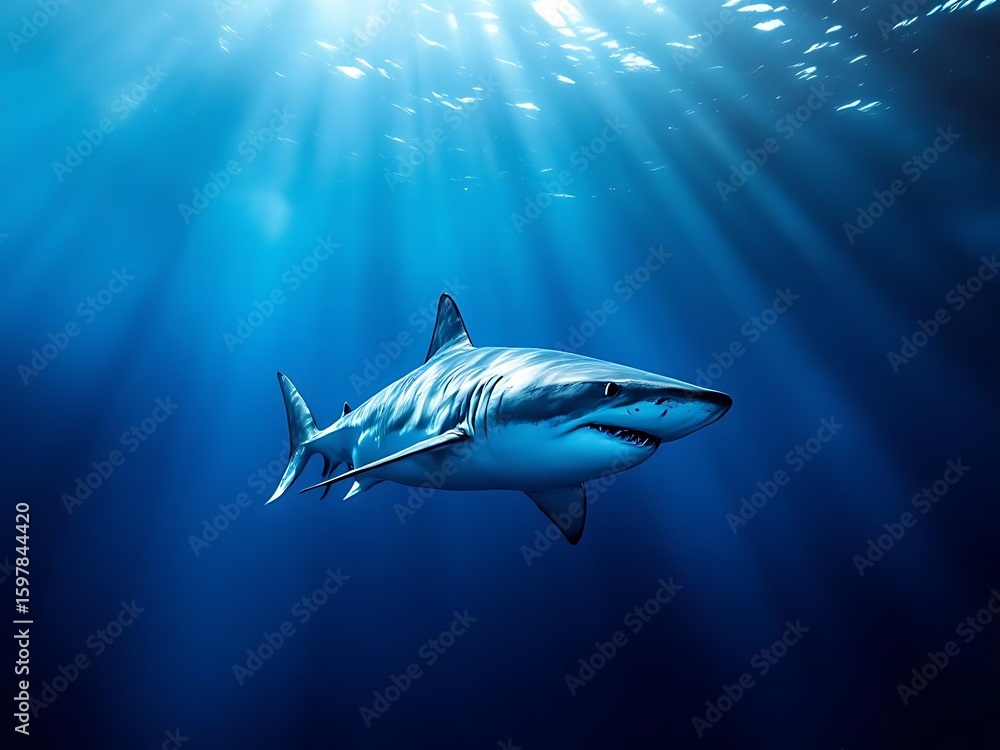 Obraz premium Powerful great white shark gliding through crystal clear blue ocean, perfect for marine life visuals, wildlife education, and ocean conservation themes