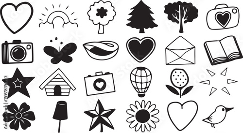 Vector icon set of autumn trees and leaves collection