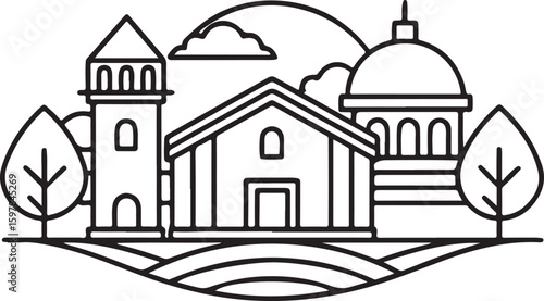 An ancient Orthodox church, a white village landmark with a distinctive dome and cross, stands under the morning sky