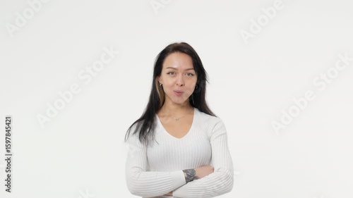Woman, girl, chewing gum. Copy space on a white background