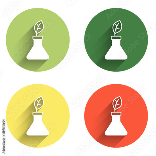 Set Plant breeding icon isolated with long shadow background. Plants growing in the test tubes. Organic food ,agriculture and hydroponic. Color circle button. Vector