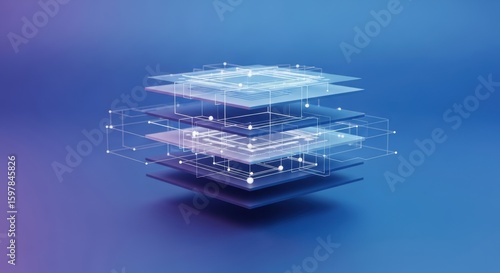 Quantum Information Layer Stack with Diffuse Signal Lines and Floating Rectangular Modules in Blue-Purple Gradient