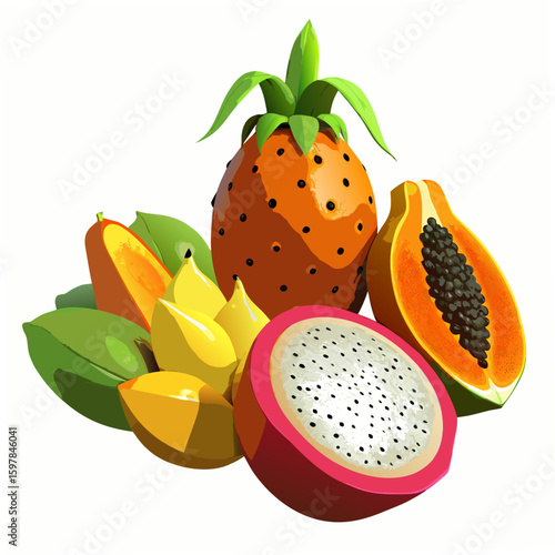 Composition design of colored papaya, guava, passion fruit, starfruit, durian, rambutan, pitaya, jackfruit, sugar-apple, soursop, mangosteen