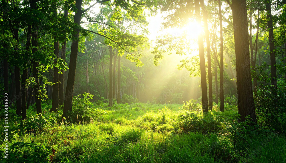 Naklejka premium the scene depicts a lush forest bathed in sunlight. sunlight streams through the trees, illuminating the green foliage and grassy undergrowth