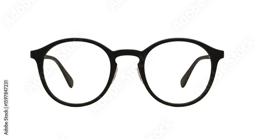Close-up of black round eyeglasses.