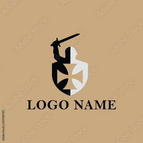 Powerful Medieval Knight Logo Design with Shield and Sword