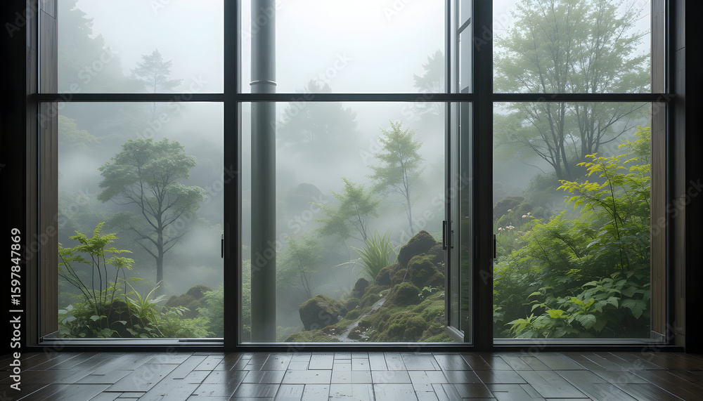 Naklejka premium Misty Forest View Through an Open Window, Revealing a Serene and Hazy Landscape with Lush Green Trees