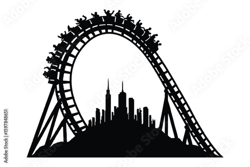 Roller Coaster Loop with City Skyline Silhouette
