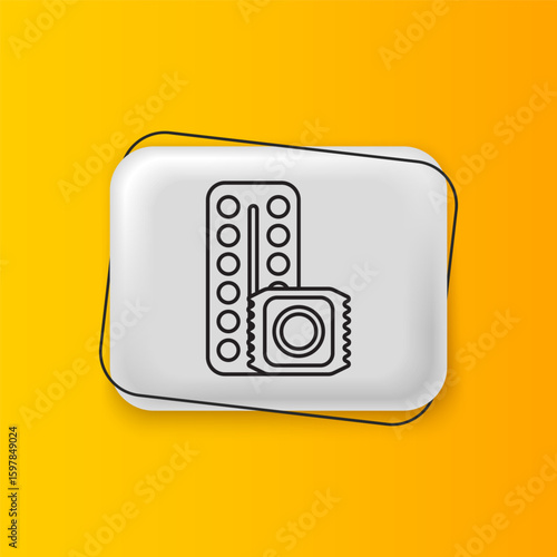 Black Packaging of birth control pills and condom in package safe sex icon isolated on yellow background. Contraceptive pill. Silver rectangle button. Vector