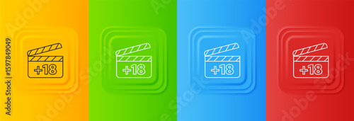 White Movie clapper with 18 plus content icon isolated on colorful background. Age restriction symbol. Adult channel. Set icons in square buttons. Vector