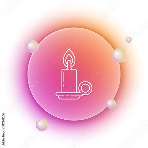 White Burning candle in candlestick icon isolated on white background. Cylindrical candle stick with burning flame. Orange and pink gradient circle background. Vector