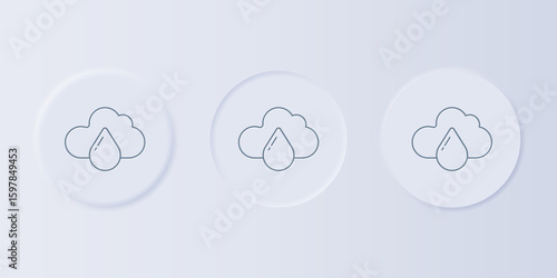Grey Cloud with rain icon isolated on grey background. Rain cloud precipitation with rain drops. Set icons in square buttons. Vector
