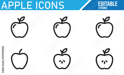 Set of Apple Icons for Food, Orchard, and Fresh Fruit Illustration