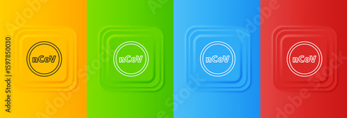 White Corona virus 2019-nCoV icon isolated on colorful background. Bacteria and germs, cell cancer, microbe, fungi. Set icons in square buttons. Vector