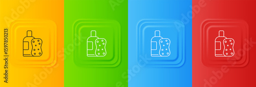 White Bottle of shampoo and sponge icon isolated on colorful background. Set icons in square buttons. Vector