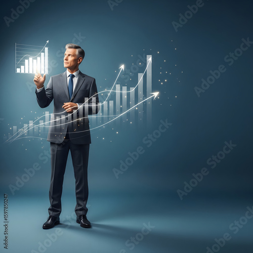Male CEO in strategic planning session, visualizing company growth with data overlays in a modern office setting.