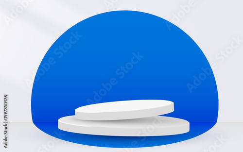 Abstract scene background. Cylinder podium on blue background. Product presentation, mock up. Podium, stage pedestal or platform. Vector illustration