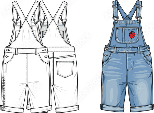 Front and back denim short overalls with strawberry patch, detailed stitching, belt loops, buttons, rolled hem, cad drawing flat vector illustration